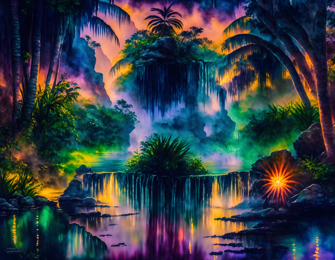 Colorful Tropical Waterfall Painting with Starburst Reflections