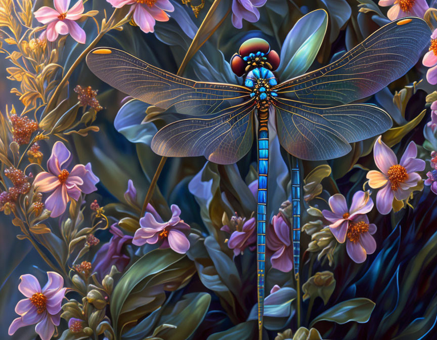 Colorful dragonfly among pink and yellow flowers and lush foliage