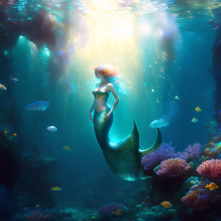 Long-haired mermaid in vibrant underwater scene with coral and fish.