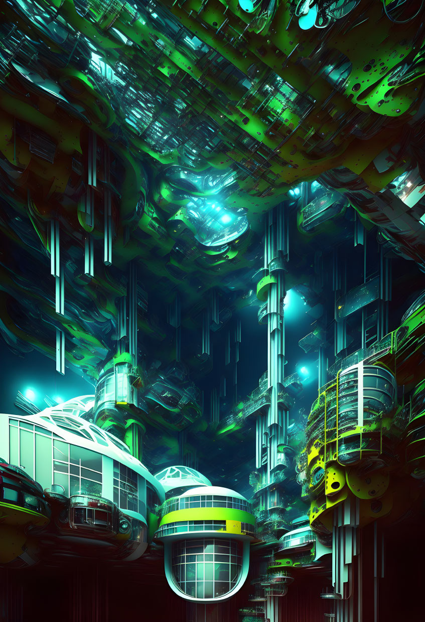 Futuristic cityscape with towering structures and glowing neon lights