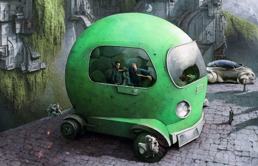 Green retro-futuristic vehicle in classic city setting.