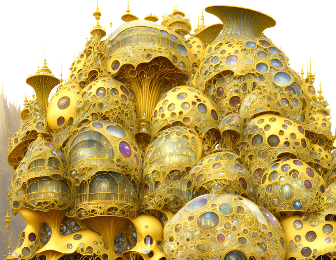 Golden Fractal Architecture with Spherical Shapes on Light Background