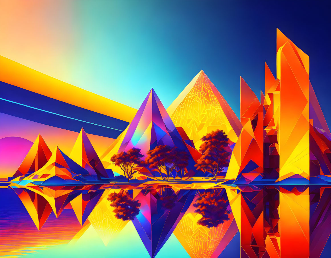 Colorful Digital Art: Reflective Crystal Mountains, Neon Sky