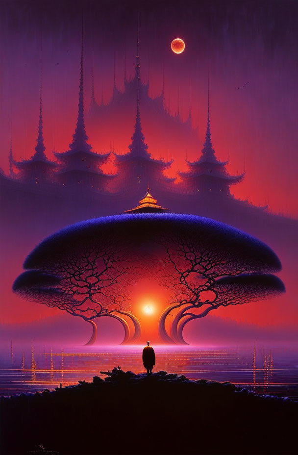 Solitary figure under giant tree in purple sky with floating structures