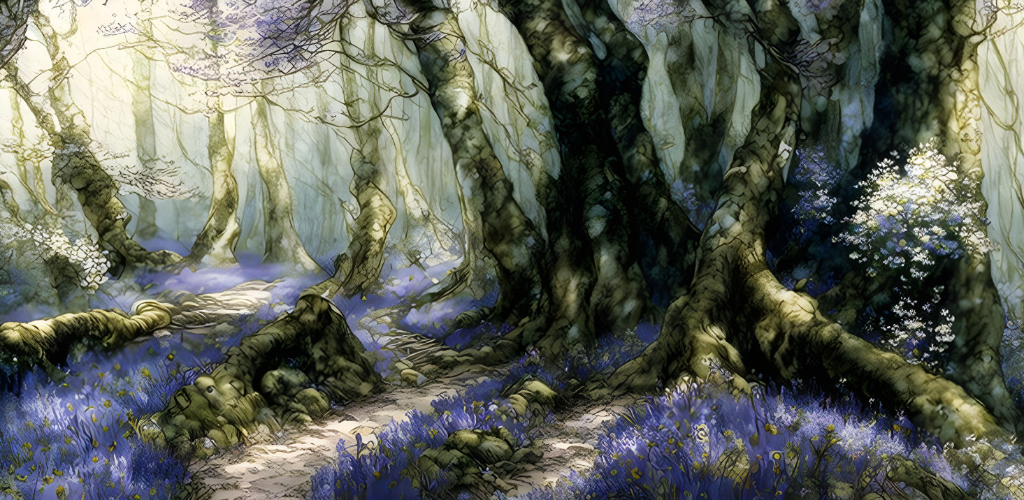 Sunlit Enchanted Forest with Bluebells and Twisting Roots