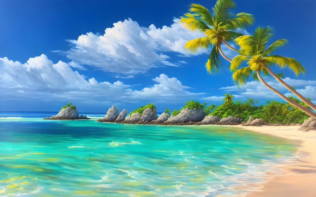 Tropical Beach Scene with Palm Trees and Blue Water