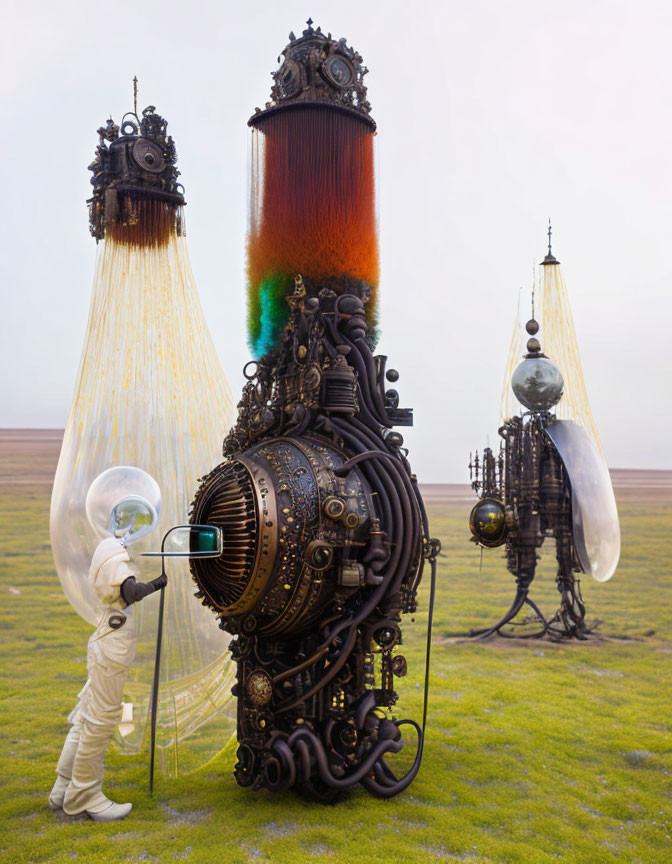 Astronaut with steampunk machinery and glass bulbs on grassy plain