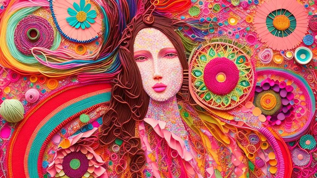 Colorful paper quilling patterns surrounding stylized woman's face