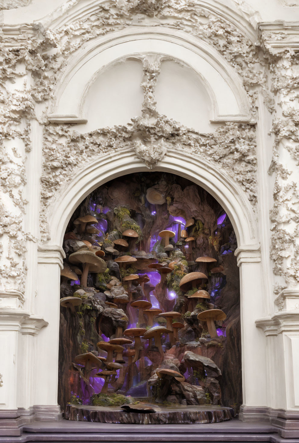 Ornate Arched Alcove with Whimsical Purple Mushroom Installation