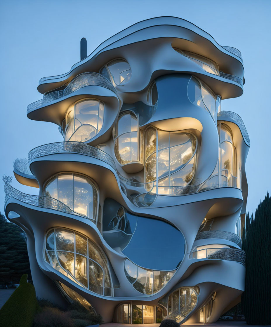 Organic design modern building with undulating white balconies and large illuminated windows