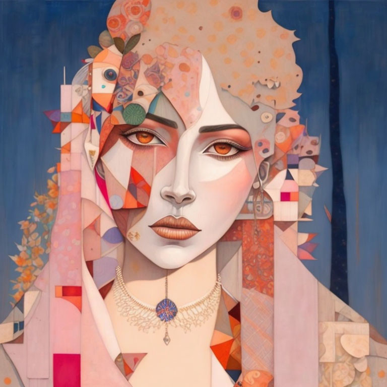 Geometric and floral patterns in warm tones on a stylized portrait.