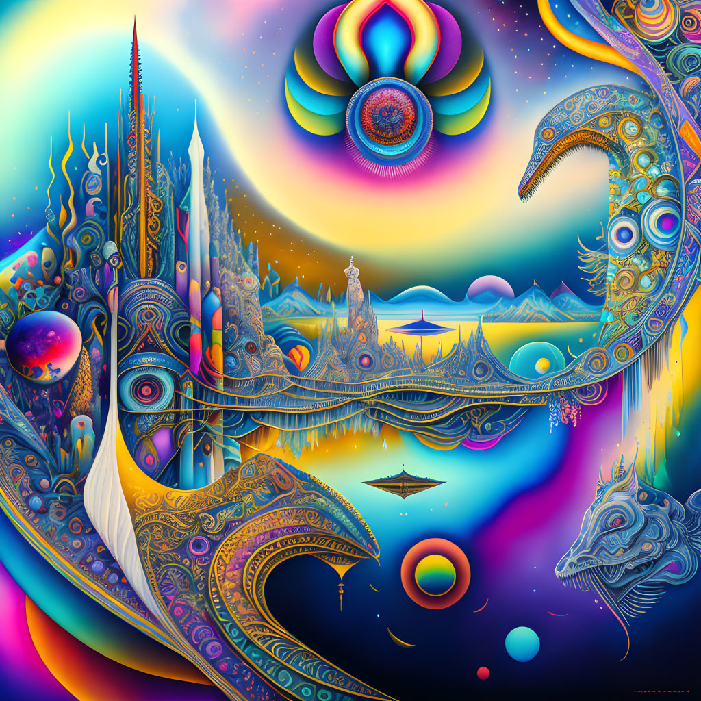 Detailed psychedelic fantasy landscape with dragon & celestial bodies