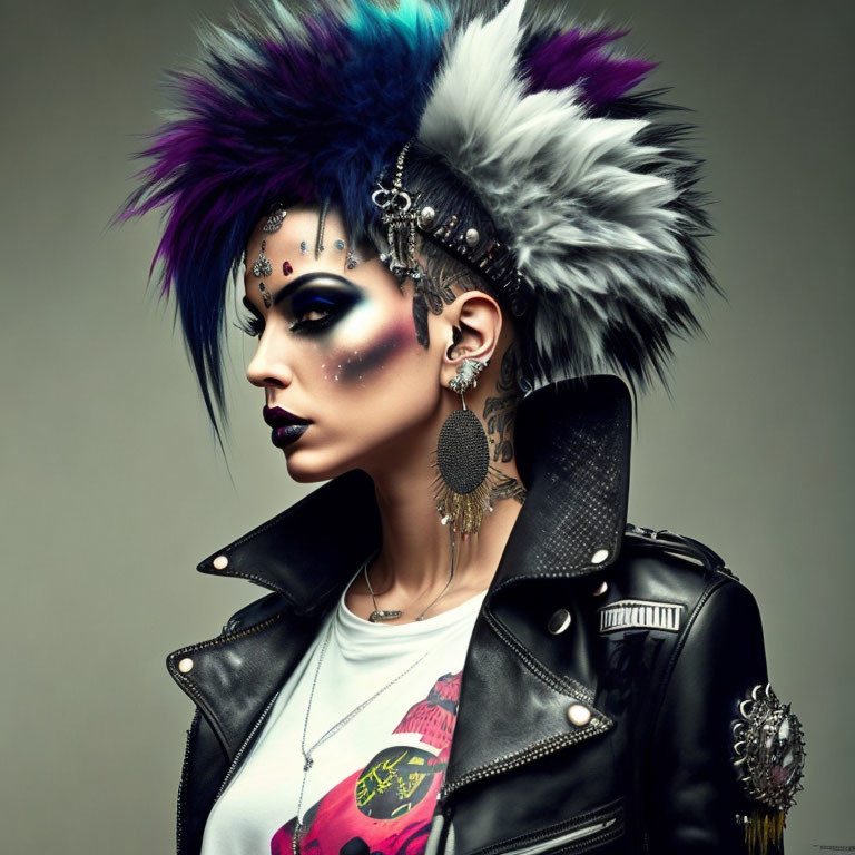 Colorful Punk Hairstyle, Dramatic Makeup, Piercings, Leather Jacket: Rebellious