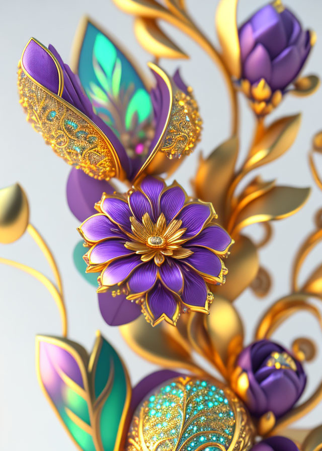 Intricate 3D-rendered metallic flower in purple and gold with ornate details