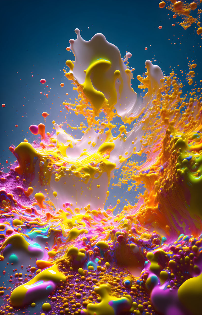 Colorful Liquid Splash on Dark Blue Background: Yellow, Orange, Pink