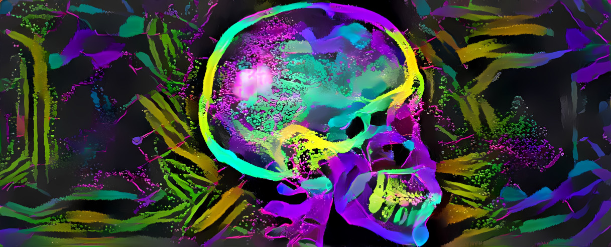 neon skull xray, purple, aqua, yellow, green, gold