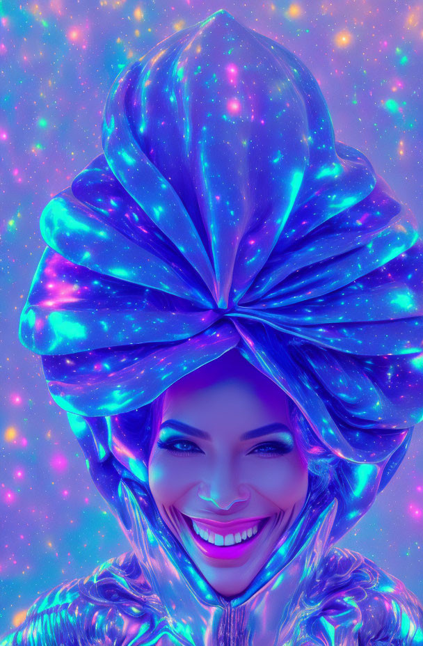 Colorful cosmic-themed portrait with smiling person and sparkling stars