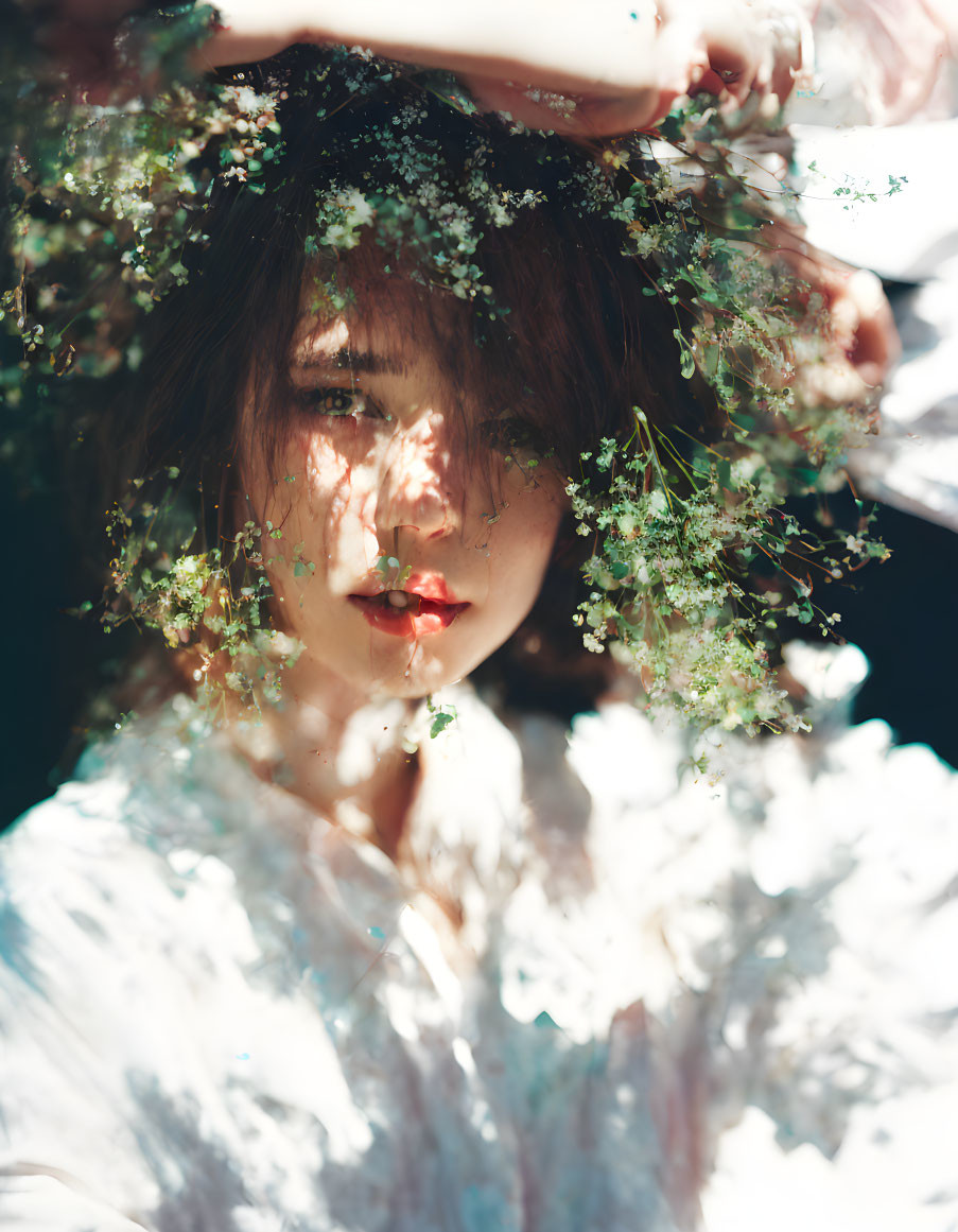 Woman's Face Partially Obscured by White Flowers in Sunlight