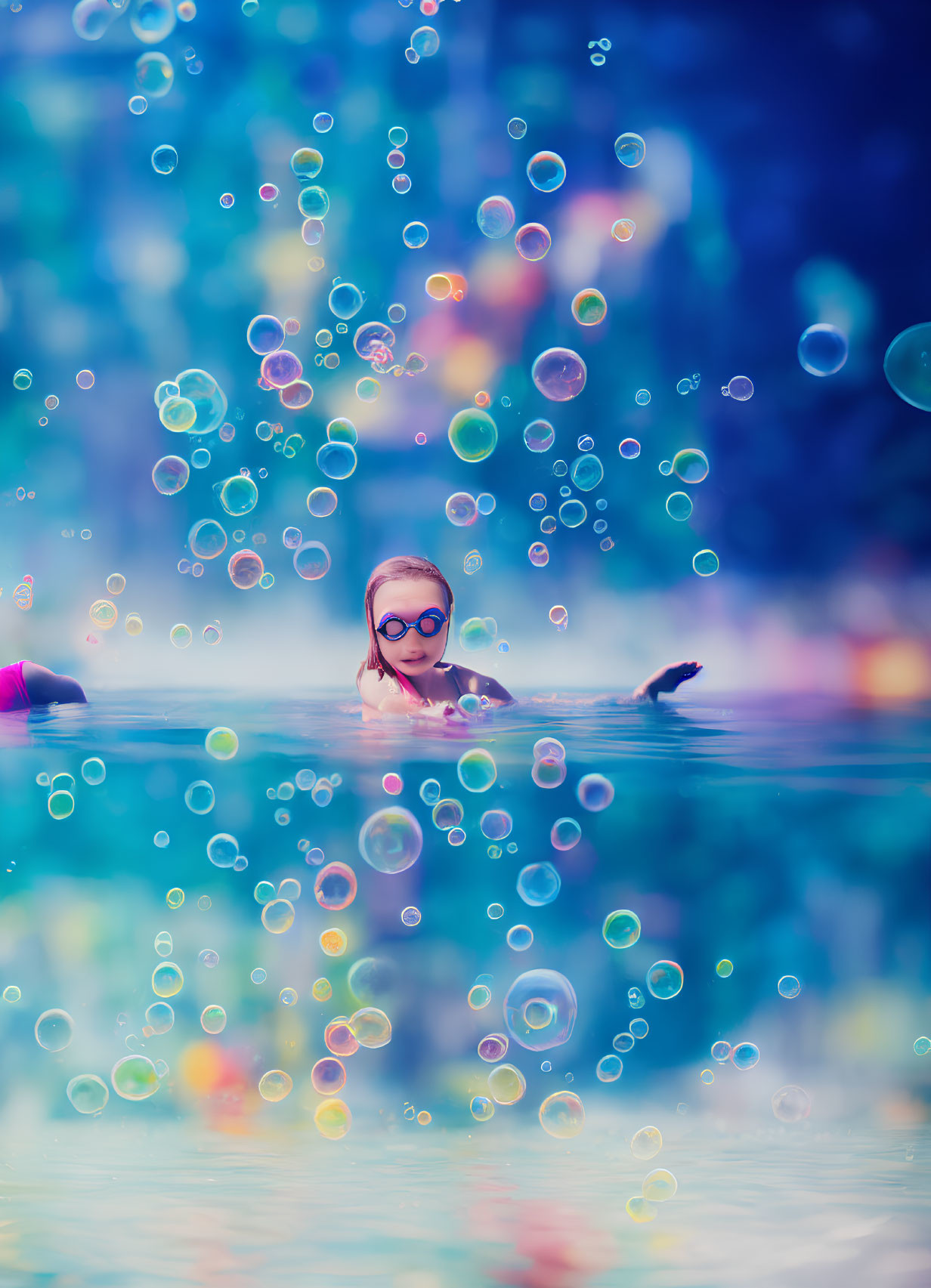 Child Swimming in Sparkling Water with Iridescent Bubbles