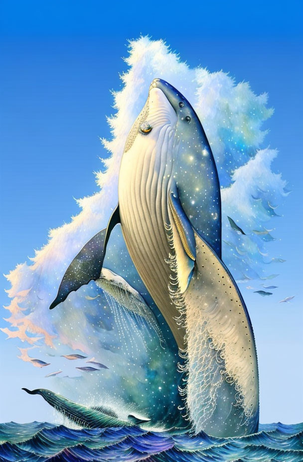 Starry textured whale leaping from ocean with water splash against blue sky