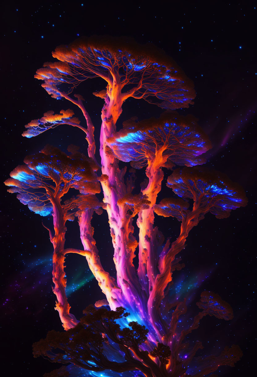 Colorful neon tree against starry night sky in orange, purple, and blue hues