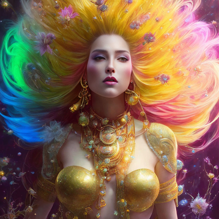 Vibrant woman with multicolored hair and gold jewelry on cosmic background