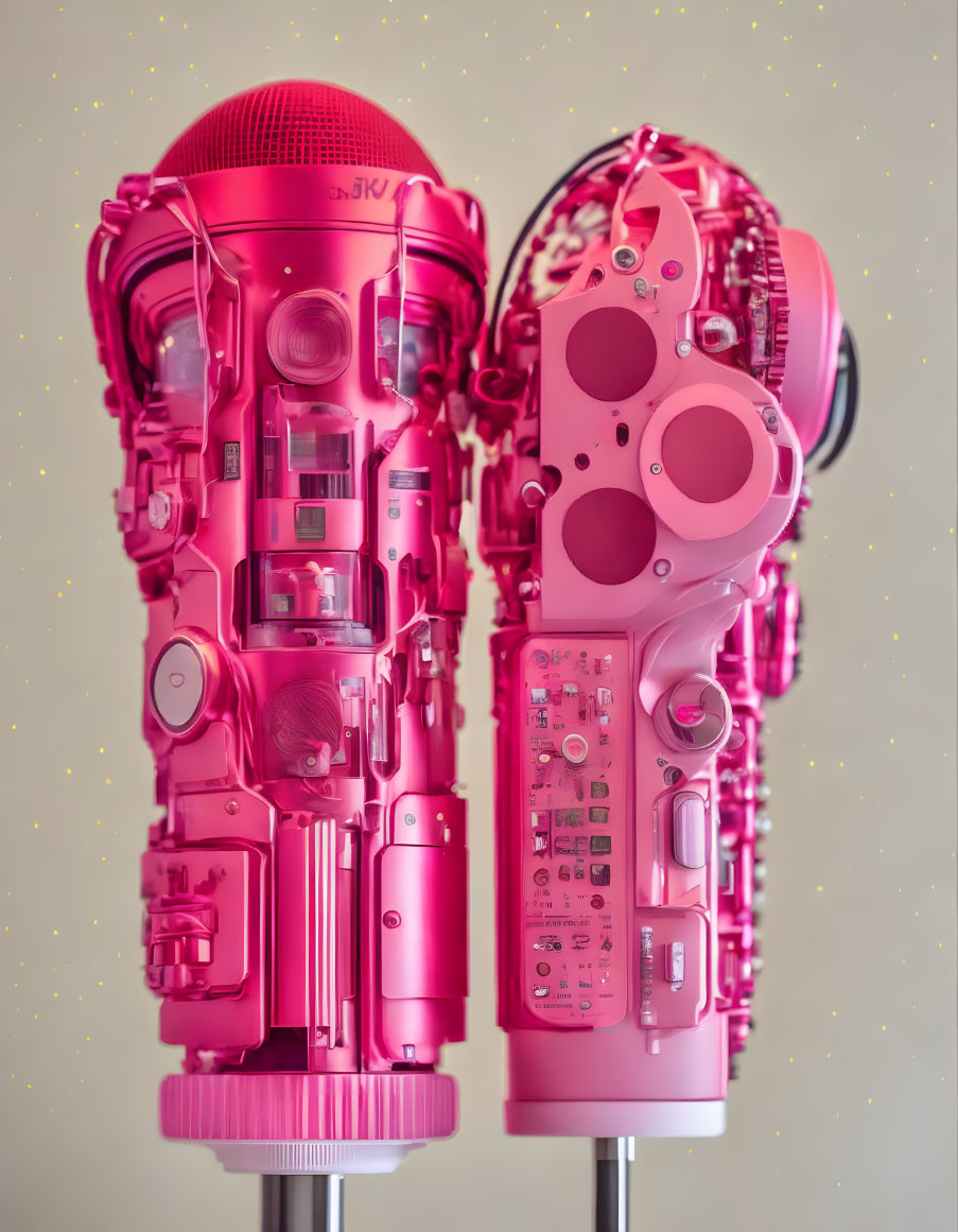 Vintage pink microphones with exposed internal parts on sparkling backdrop