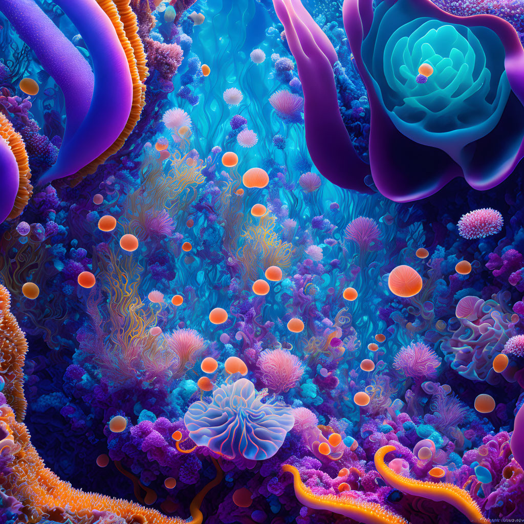 Colorful Underwater Scene with Jellyfish, Coral Reefs, and Marine Plants