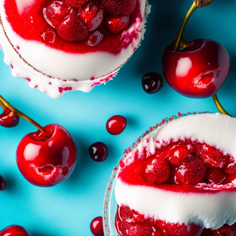 Cherry-topped panna cottas with sauce on blue background