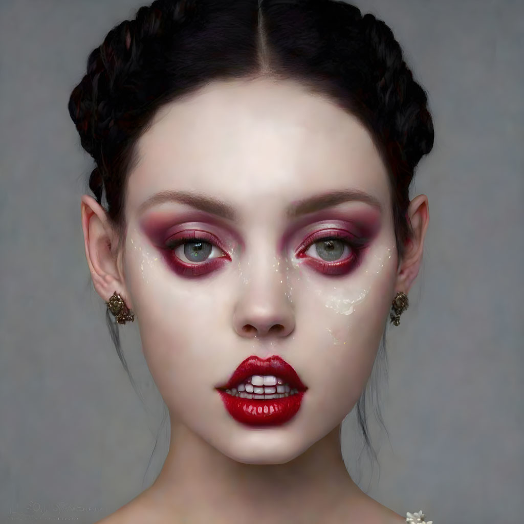 Striking makeup with bold red eyeshadow, glossy lips, braided hair, drop earrings on