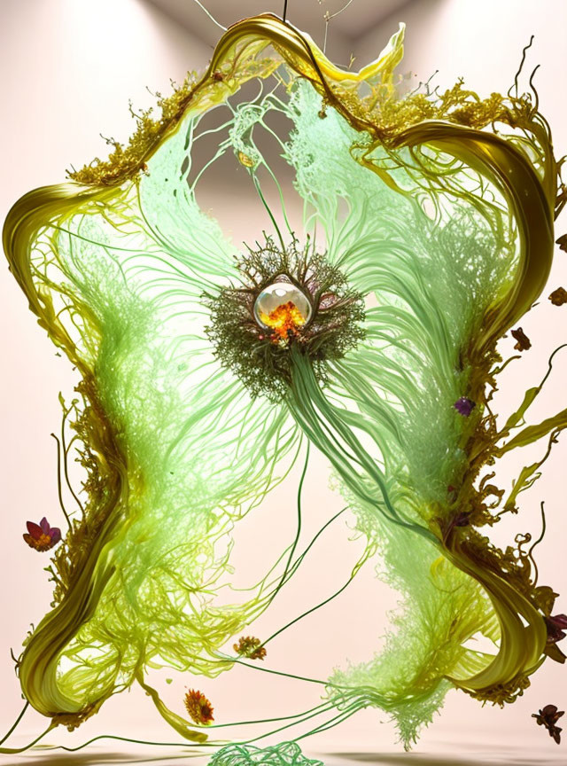 Surreal artwork: Fluid green shapes around intricate floral structure