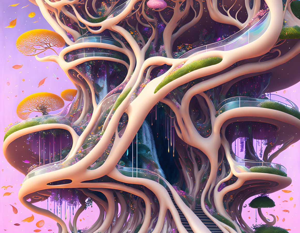 Surreal tree with spiral branches and vibrant foliage