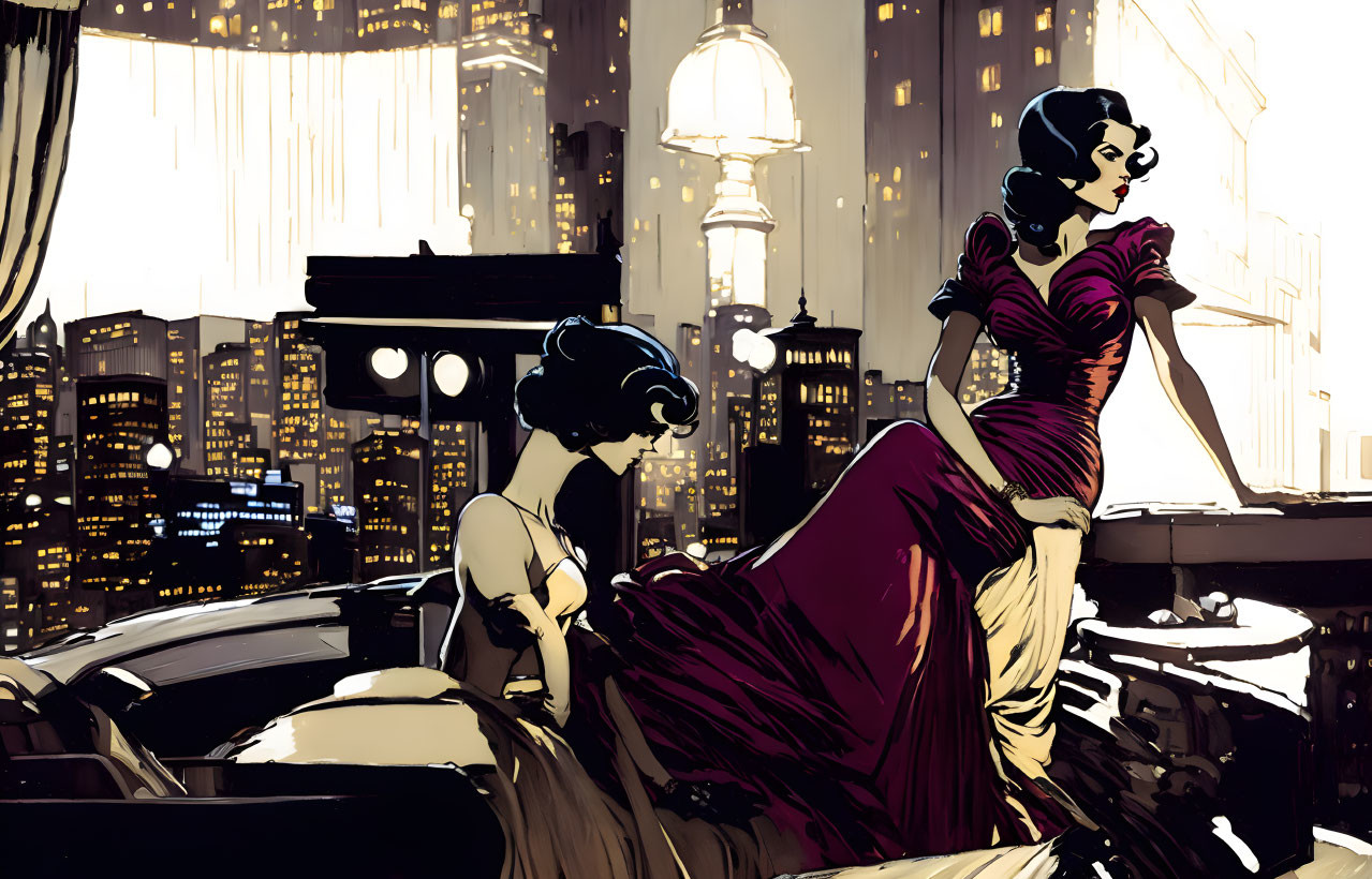 Stylized women in elegant attire with cityscape background.