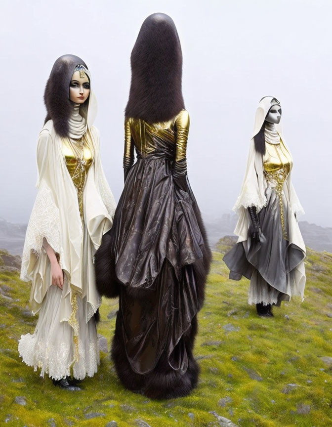 Avant-garde figures in futuristic robes, masks, and headdresses in foggy landscape