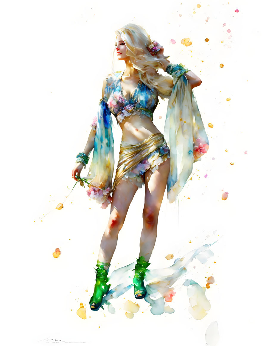 Blonde woman with floral adornments in flowing garments and vibrant watercolor accents