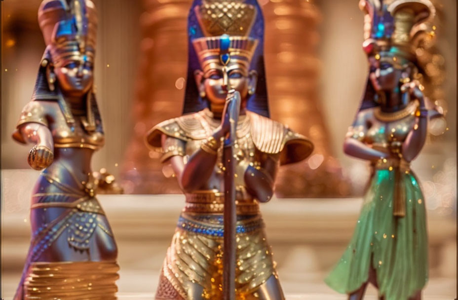 Vibrant Egyptian deity figurines on blurred backdrop