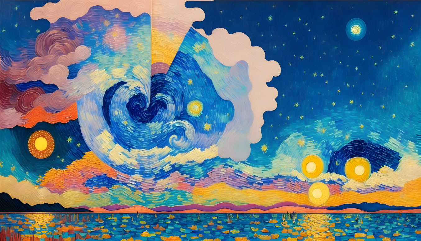 Colorful swirling starry night sky painting over water with reflections