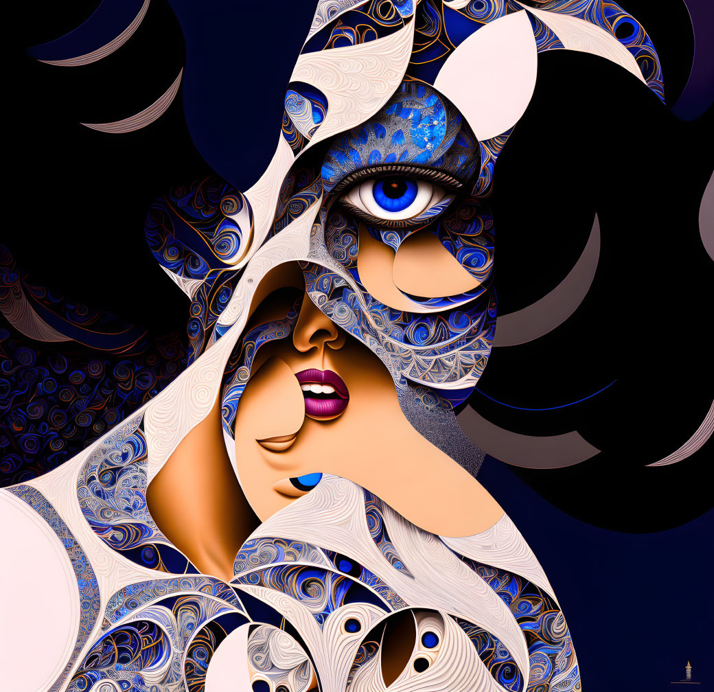 Stylized woman's face with intricate blue patterns on dark background