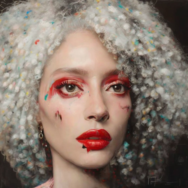 Portrait of a Woman with Curly White Hair and Dramatic Makeup