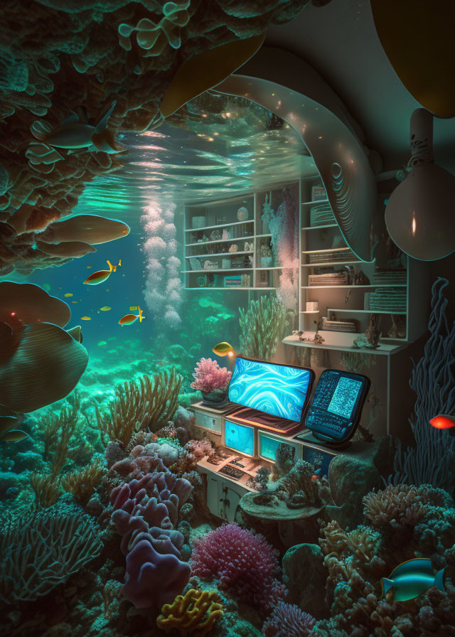 Vibrant underwater desk setup with glowing computer monitor and coral surroundings