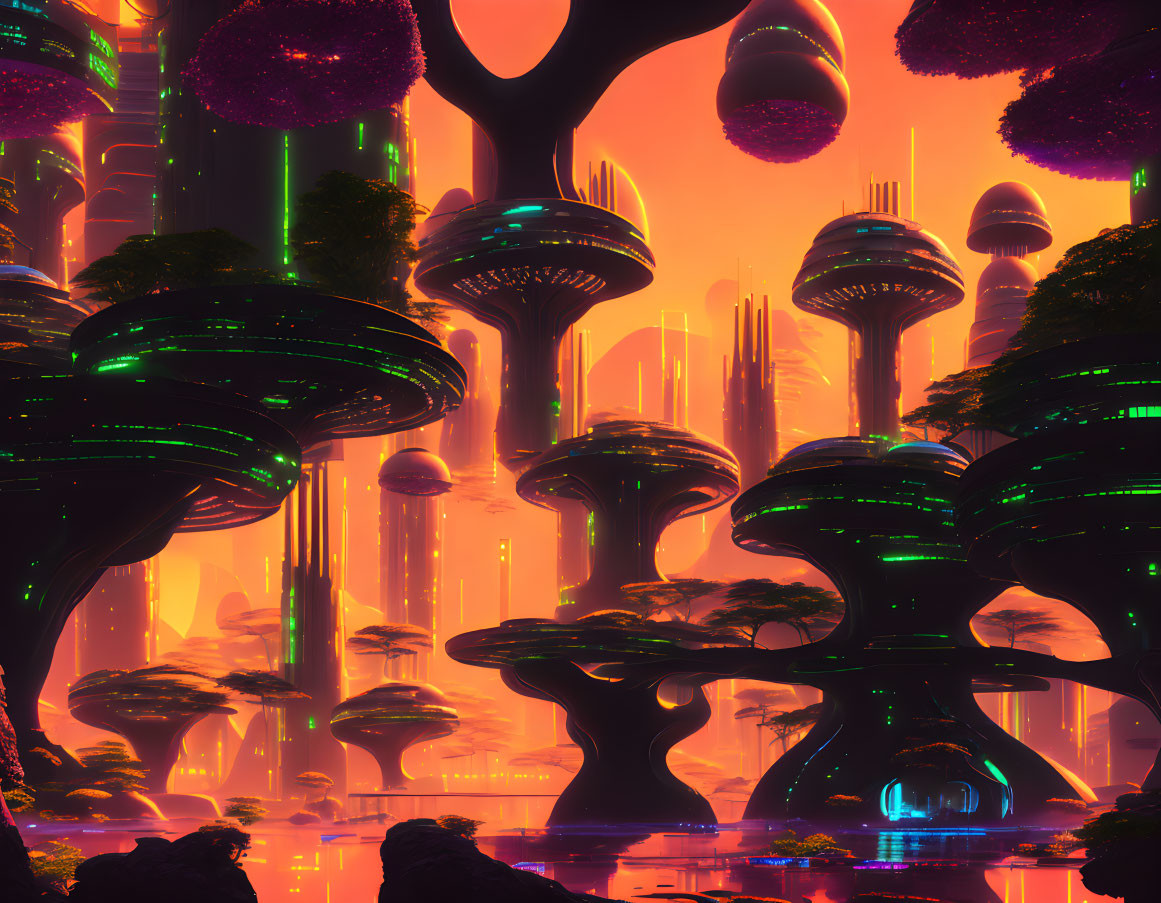 Futuristic cityscape with towering mushroom-like structures in neon-lit forest