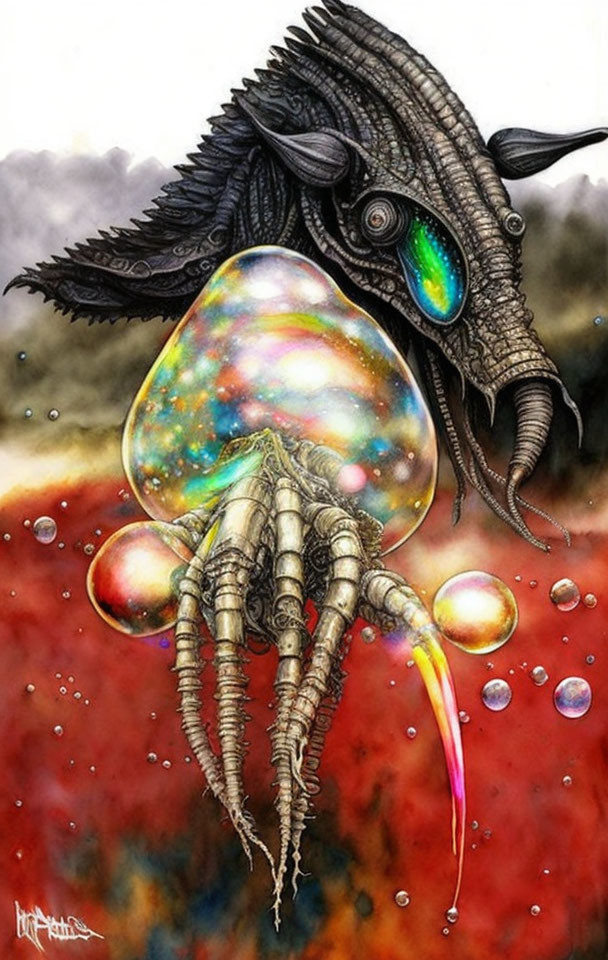 Dragon-like creature with metallic tentacles holding a multicolored orb and bubbles