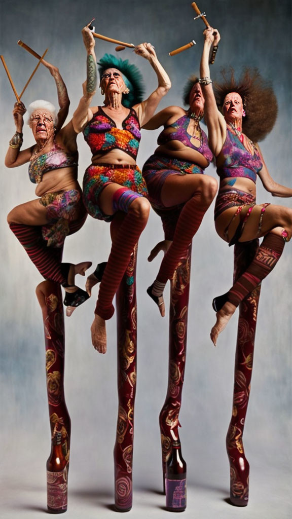 Group of four people in patterned clothing posing on stilts in dynamic dance posture