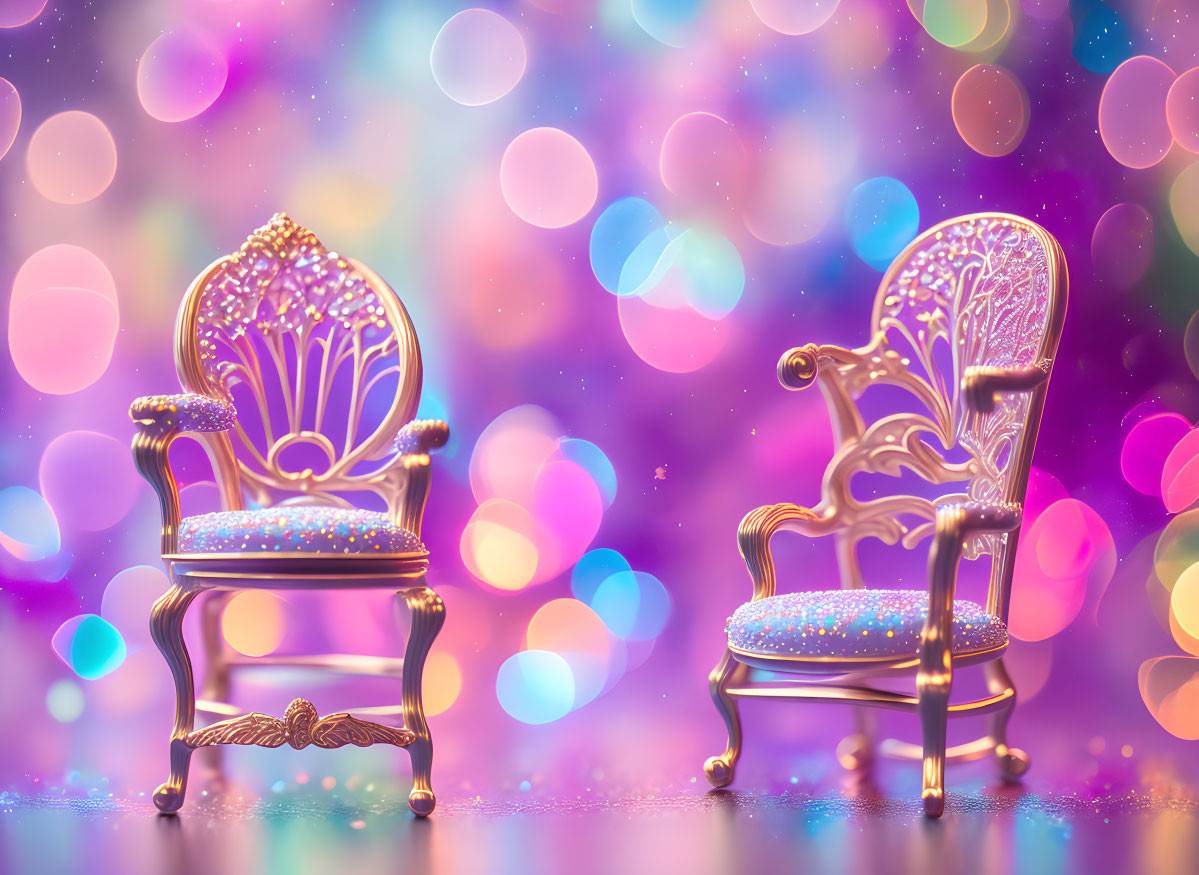 Intricate miniature chairs against colorful bokeh background