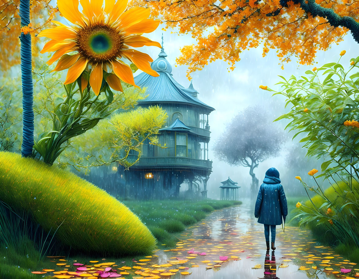 Person in Blue Jacket Walking Through Fantastical Garden with Sunflowers and Pagoda House