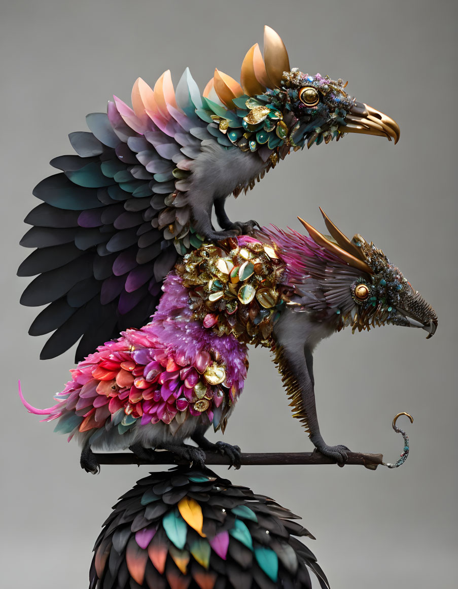 Mythical bird-like creatures with iridescent feathers and jewel-encrusted heads on a