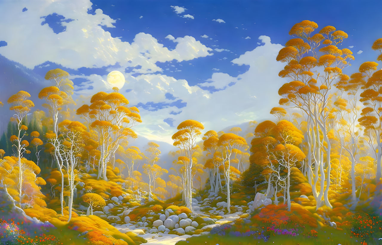 Fantasy forest painting with golden foliage and glowing moon