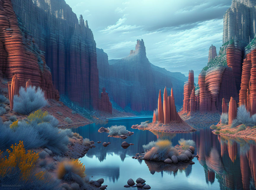 Tranquil River Landscape with Red Rock Formations