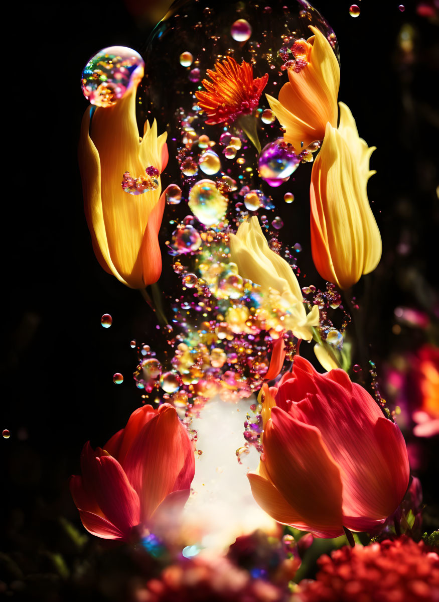 Colorful Flowers and Bubbles on Dark Background