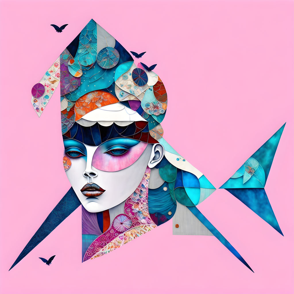 Vibrant digital art: stylized female face with fish body, geometric and floral patterns, birds